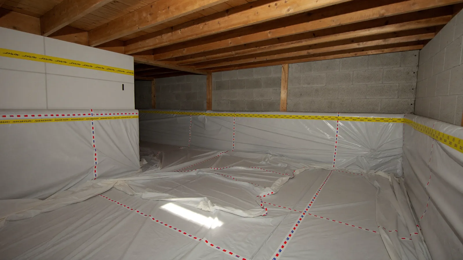 Crawl space with a white vapor barrier sealed across the ground and up the stem walls, adjustable steel support posts set under the floor joists